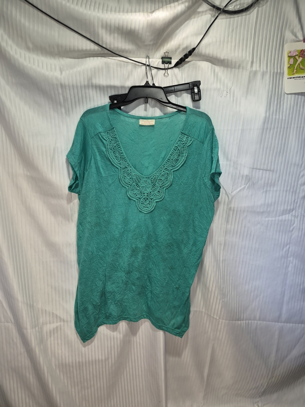 Bobbie Brooks Teal Crochet V-Neck Short Sleeve Top 1X